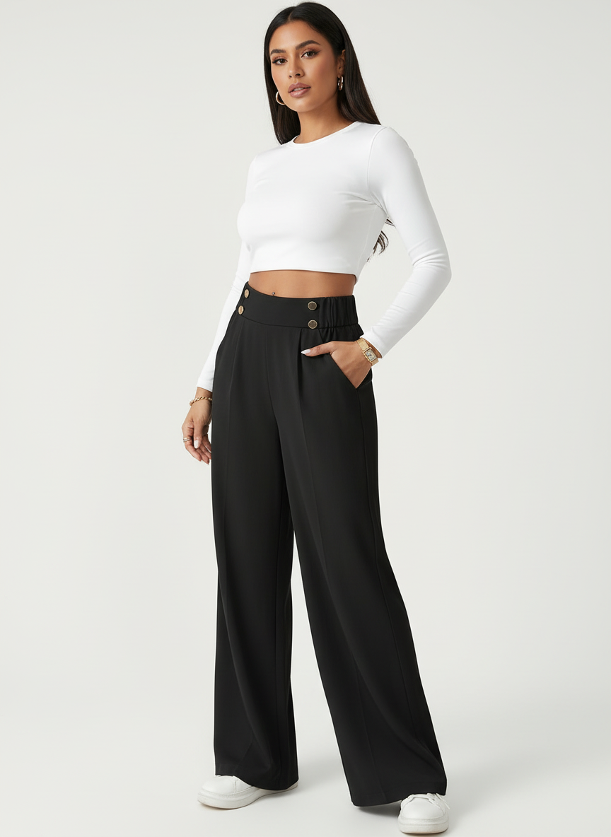 High waist pantalon dames met knoopdetails – Margaux