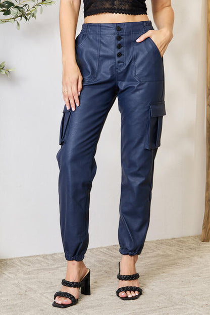 Hoge Taille Vegan Leren Cargo Joggingbroek