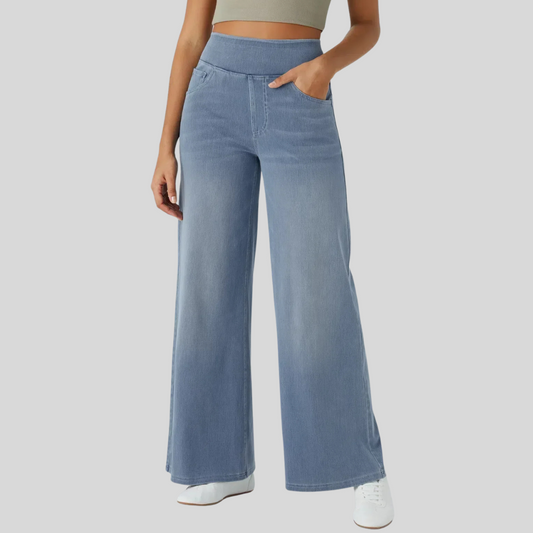 Hoge taille broek met elastische tailleband en wijde pijpen