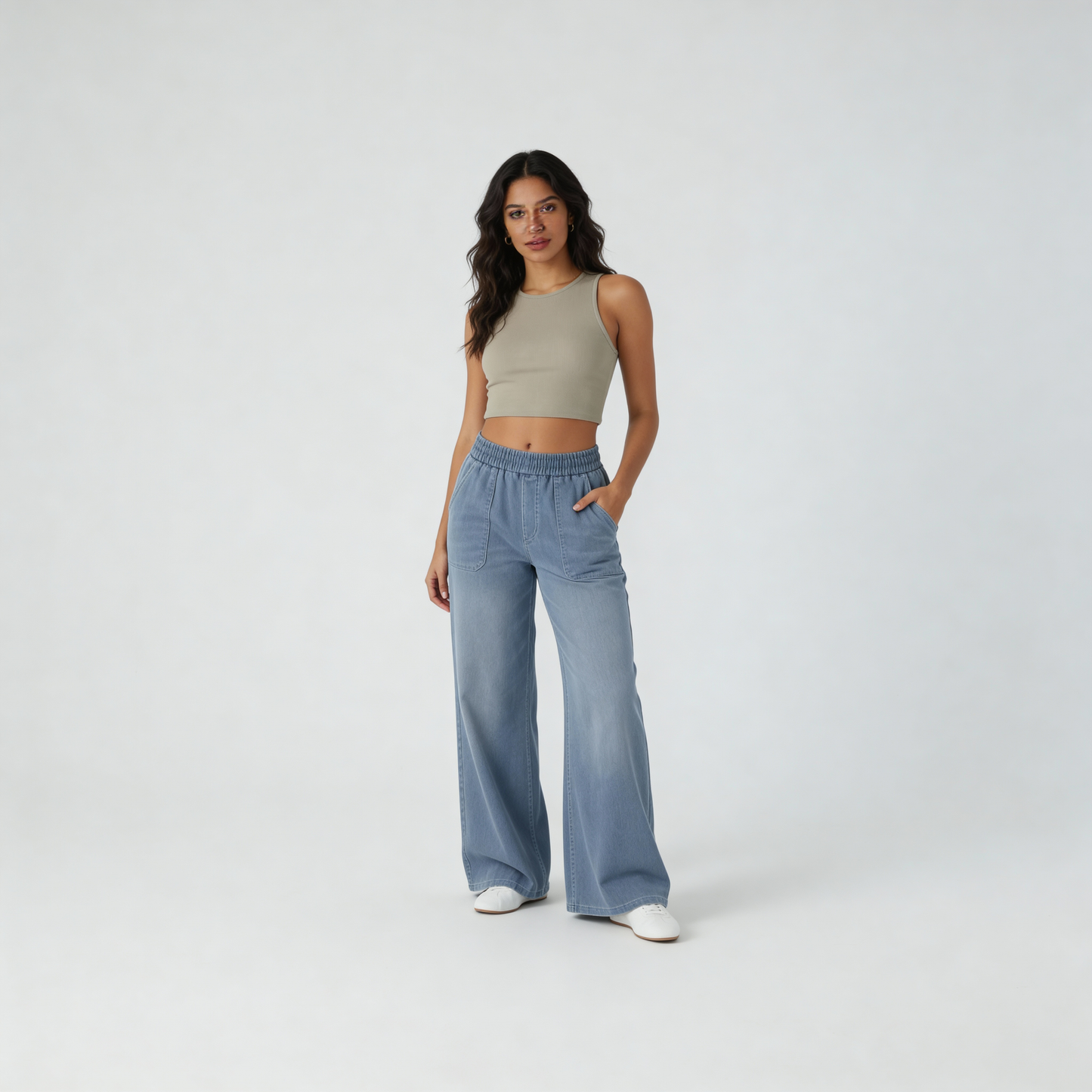 Hoge taille broek met elastische tailleband en wijde pijpen