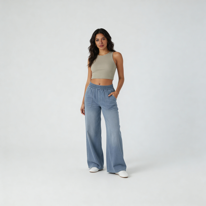 Hoge taille broek met elastische tailleband en wijde pijpen