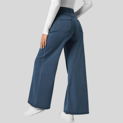 Hoge taille broek met elastische tailleband en wijde pijpen