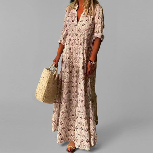 Lange Zomerse Maxi Jurk van Katoen met V-Hals en Vintage Print