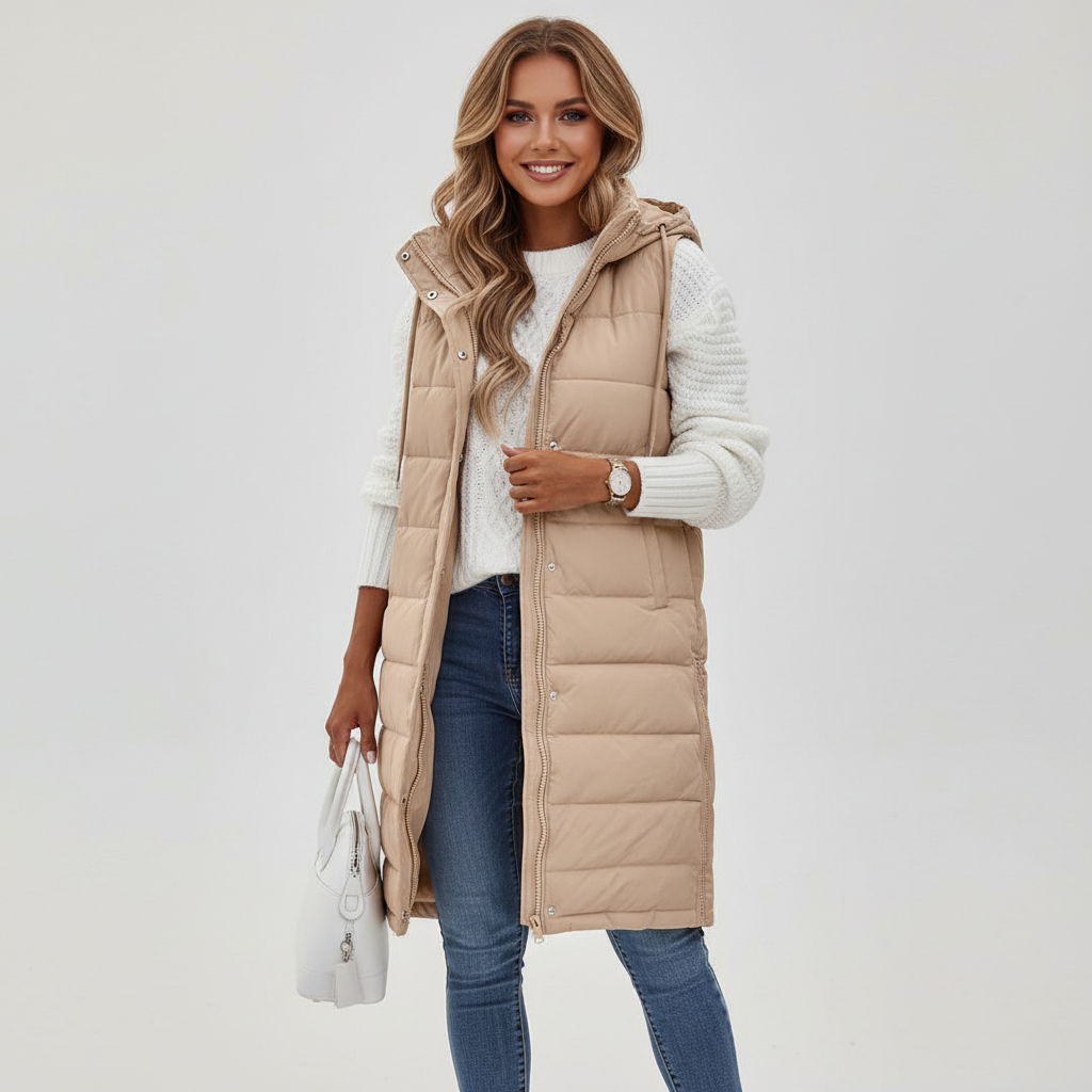 Lange bodywarmer met capuchon