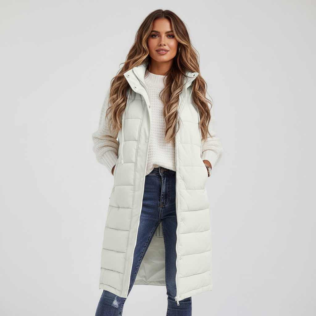Lange bodywarmer met capuchon