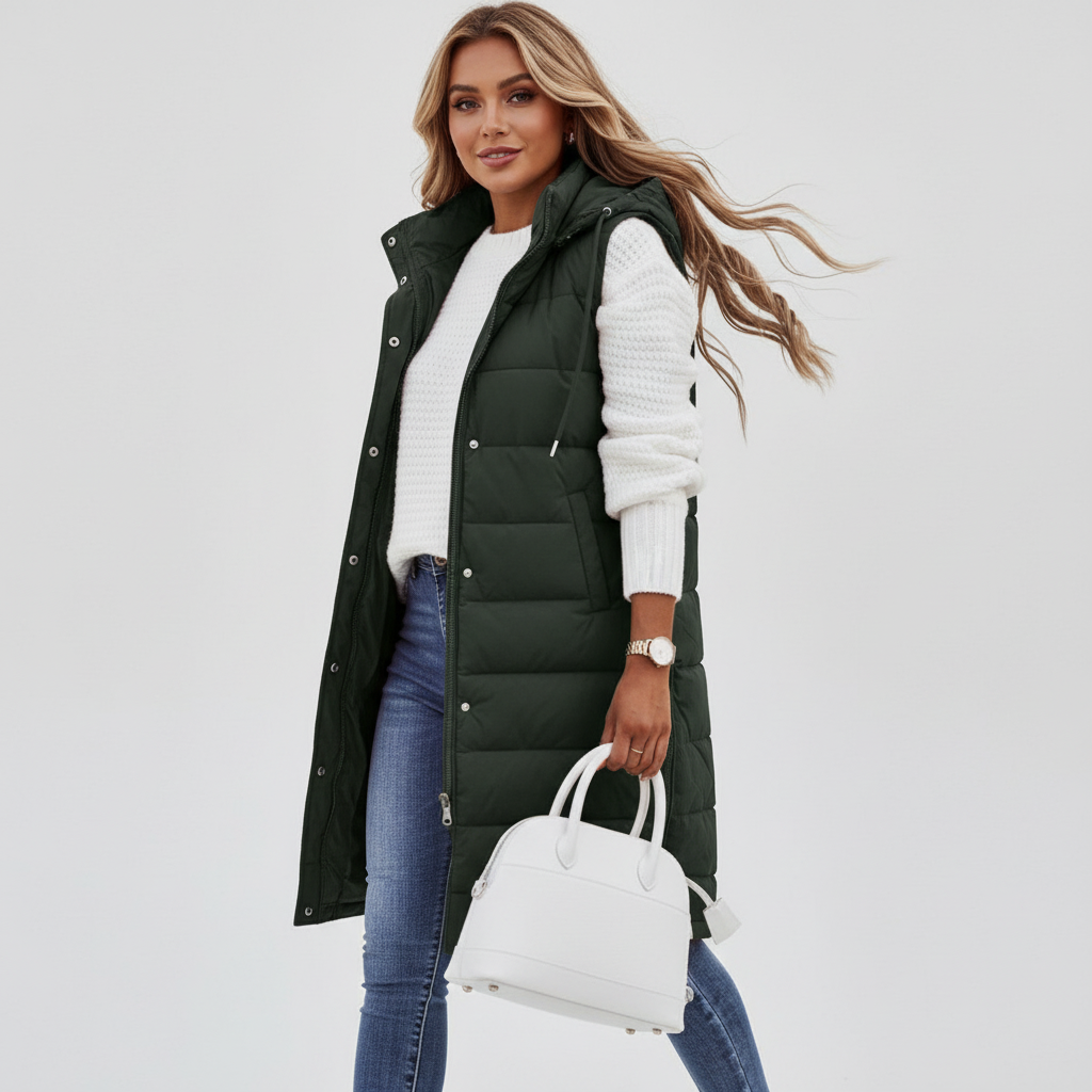 Lange bodywarmer met capuchon