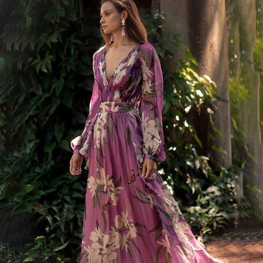 Lange chiffon jurk met bloemenprint en elegante V-hals