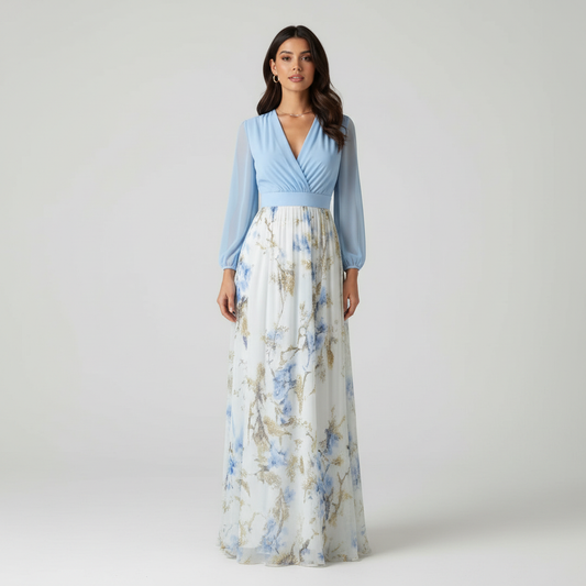 Lange maxi jurk met V-hals en zachte bloemenprint