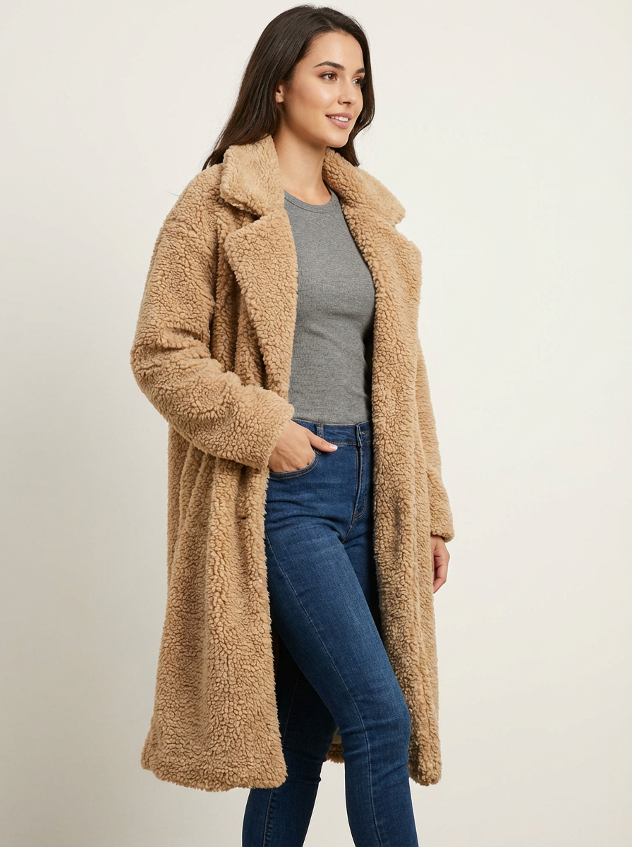 Lange teddy jas voor dames – warm teddy fleece winterjas