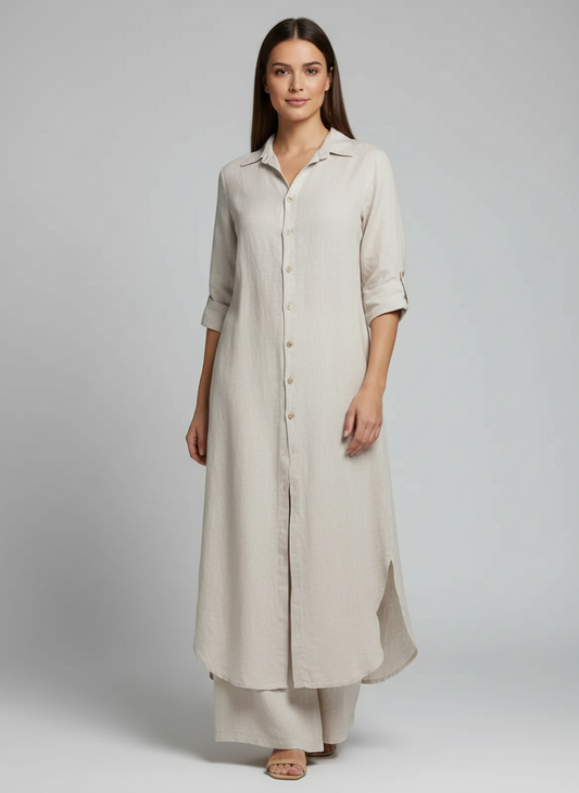 Linnen dames set met lange blouse en wijde broek