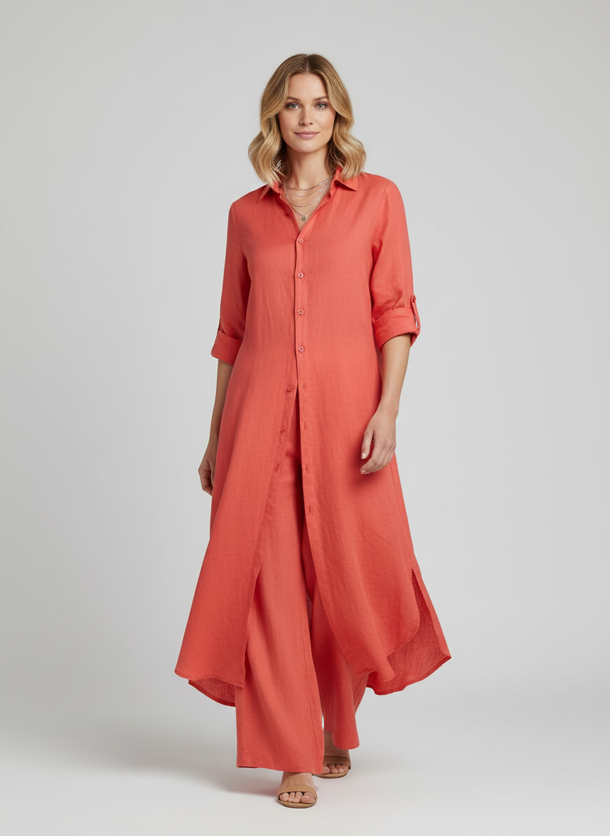 Linnen dames set met lange blouse en wijde broek