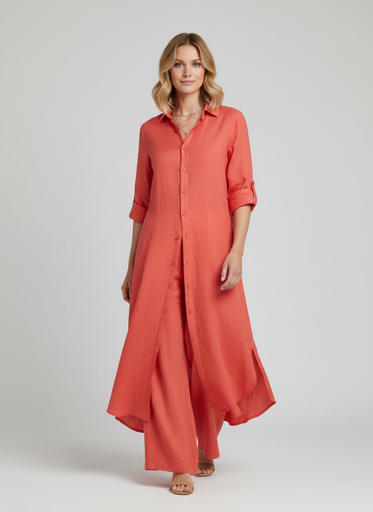 Linnen dames set met lange blouse en wijde broek