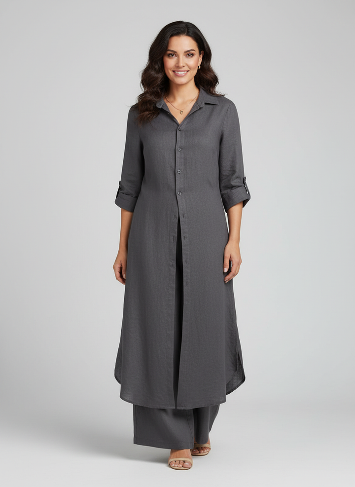Linnen dames set met lange blouse en wijde broek