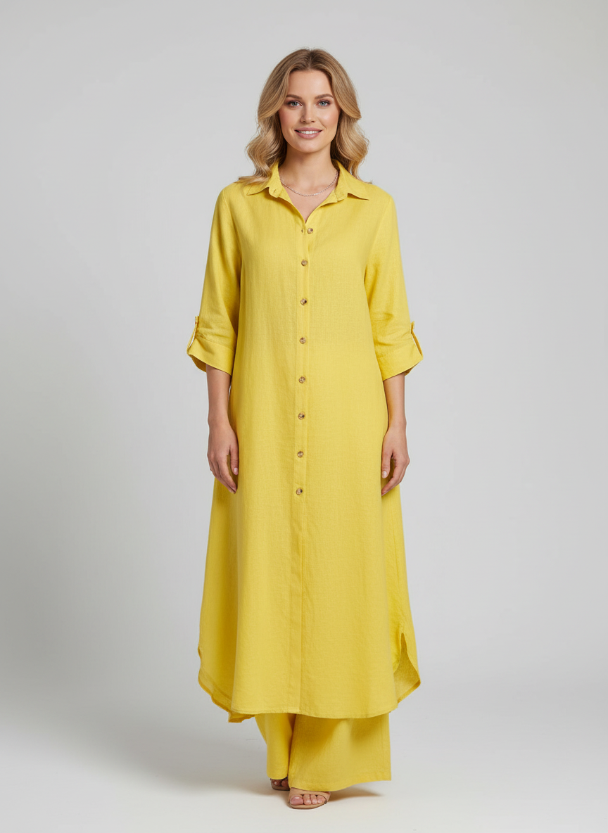 Linnen dames set met lange blouse en wijde broek