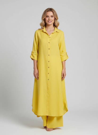 Linnen dames set met lange blouse en wijde broek