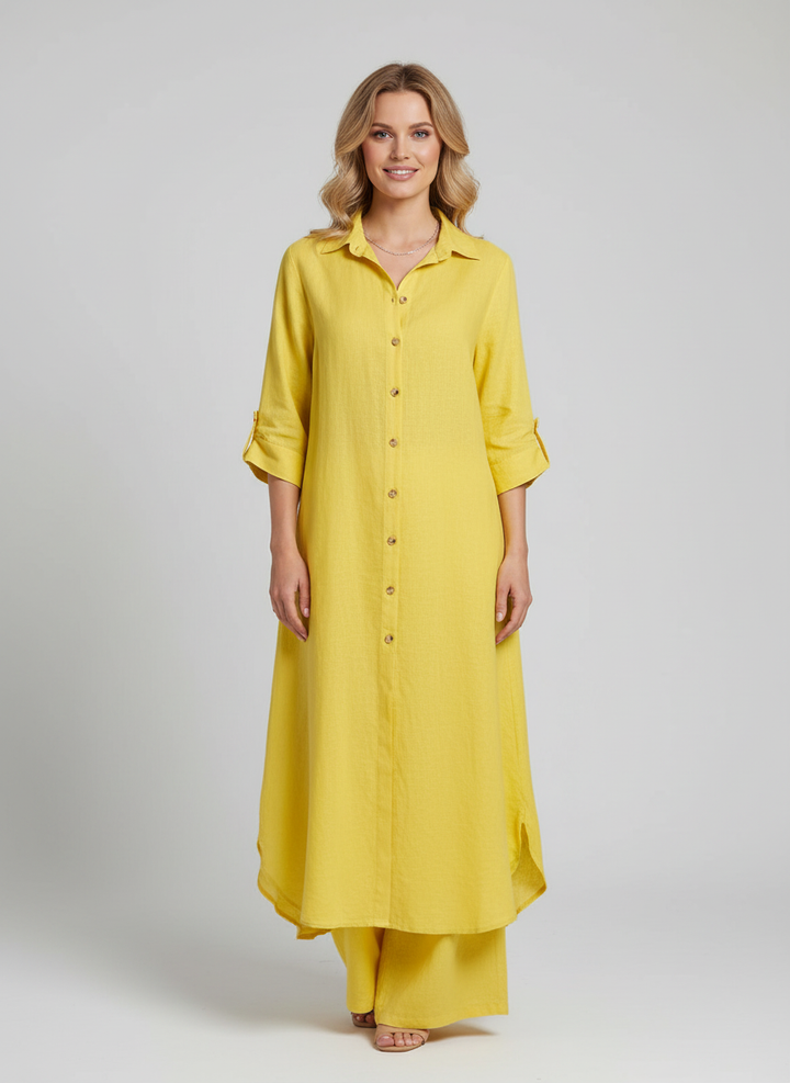 Linnen dames set met lange blouse en wijde broek