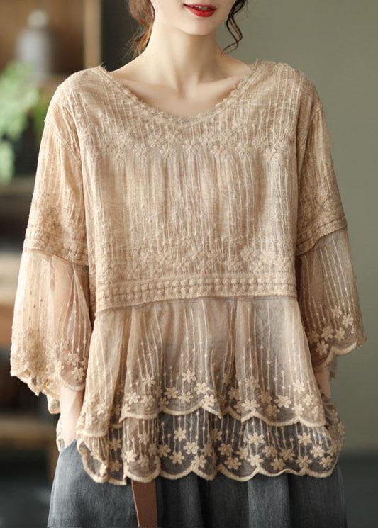 Losse O-hals geborduurde patchwork zomerhemd halve mouw