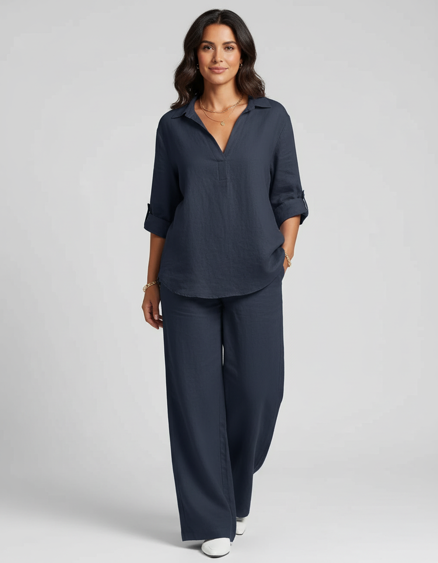 Luchtige tweedelige dames set met blouse en wijde broek