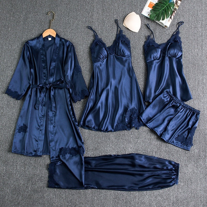 Luxe satijnen 5-delige pyjamaset met verfijnde kanten details