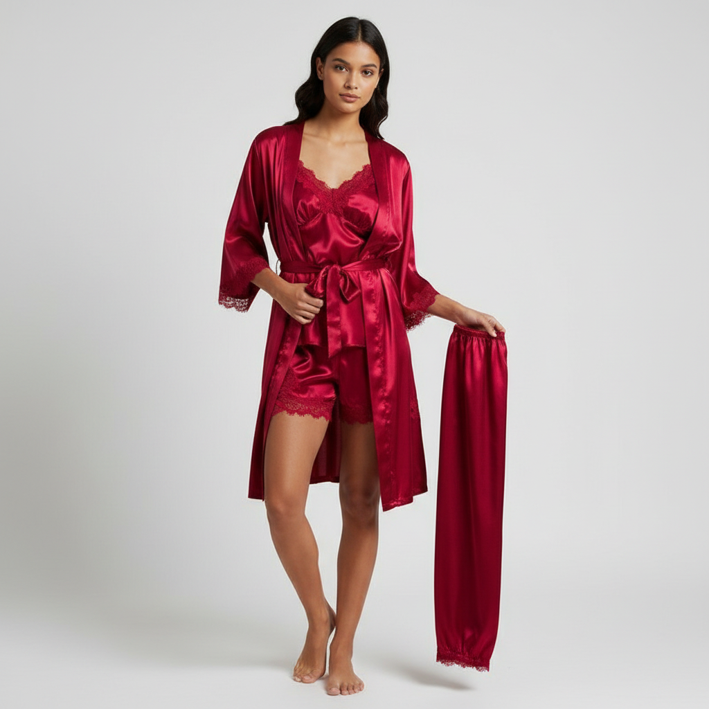 Luxe satijnen 5-delige pyjamaset met verfijnde kanten details