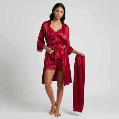 Luxe satijnen 5-delige pyjamaset met verfijnde kanten details