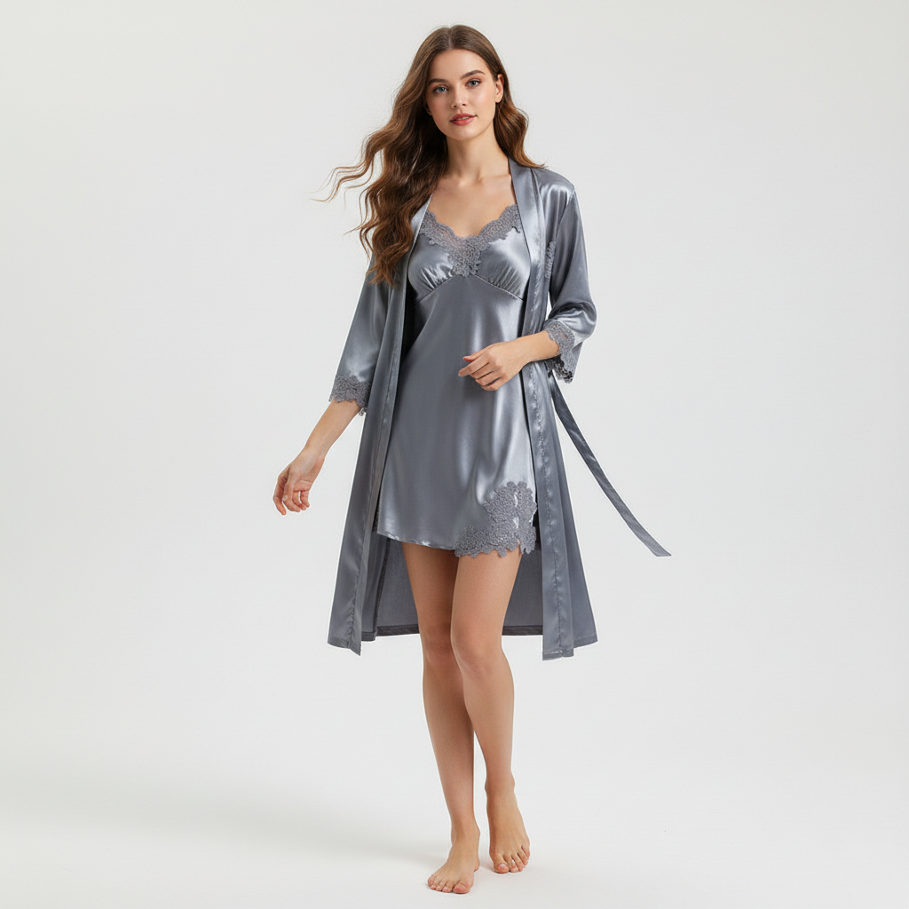 Luxe satijnen 5-delige pyjamaset met verfijnde kanten details