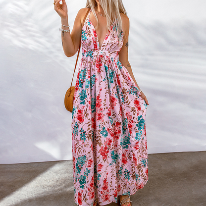 Maxi Jurk voor Dames met Bloemenprint en Diepe V-Hals