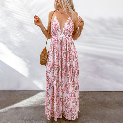 Maxi Jurk voor Dames met Bloemenprint en Diepe V-Hals