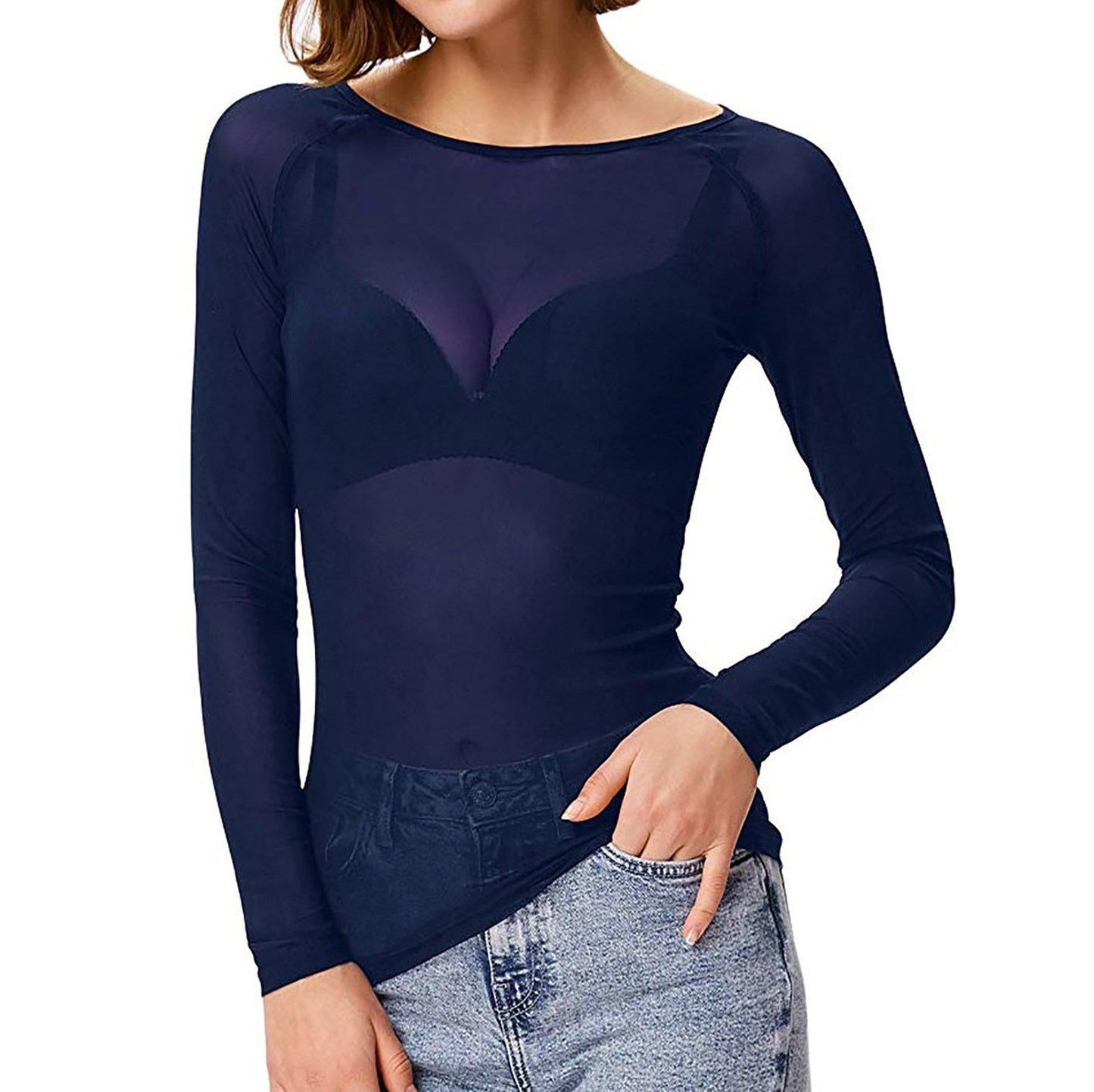 Mesh top met transparante stof en aansluitende pasvorm