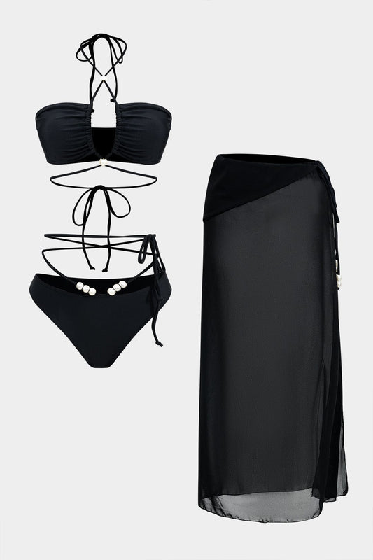 Mira Bikini Set | Drie-delig met Wikkelband en Pareldetails