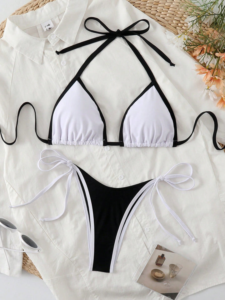 Mira Triangle Bikini | Marineblauw met Beige Contrastzoom