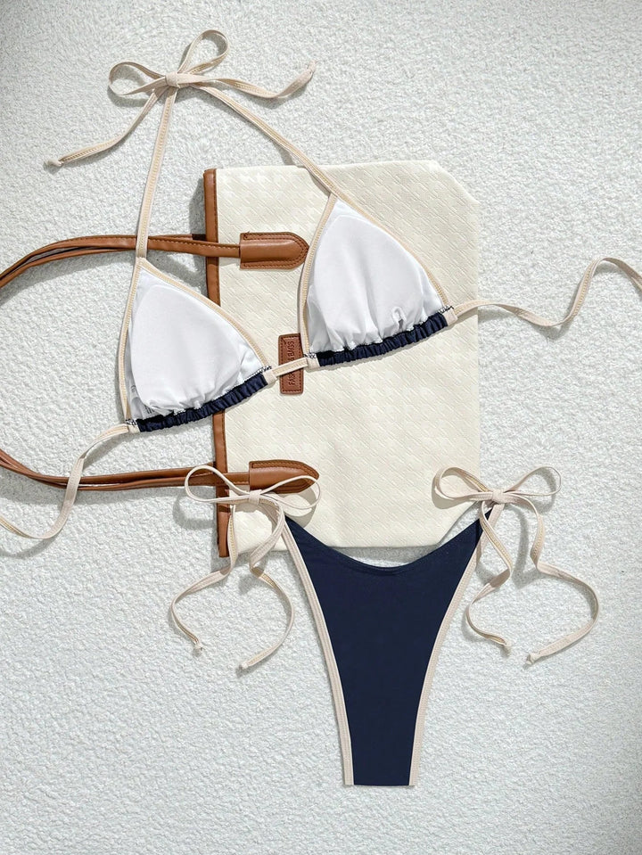 Mira Triangle Bikini | Marineblauw met Beige Contrastzoom