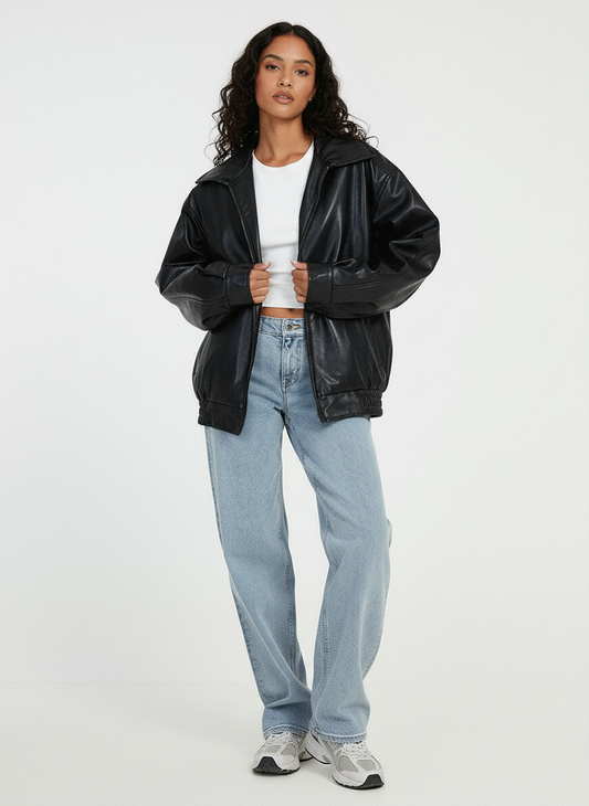 Modern oversized damesjack met rits en brede kraag
