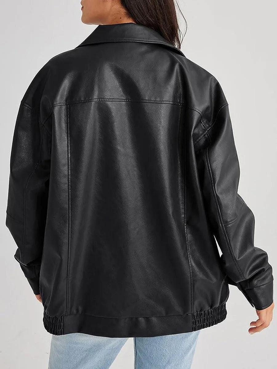 Modern oversized damesjack met rits en brede kraag