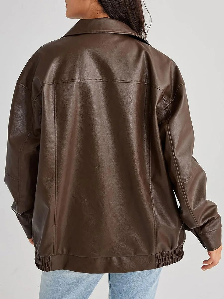 Modern oversized damesjack met rits en brede kraag