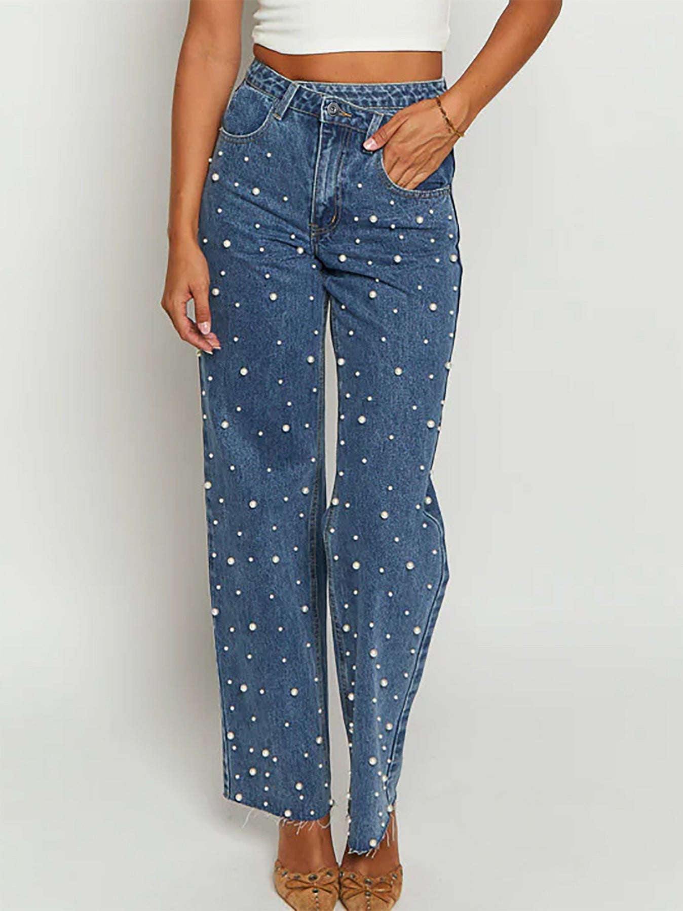 Modieuze Rechte Jeans voor Dames met Parels en Waterwas