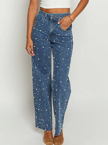 Modieuze Rechte Jeans voor Dames met Parels en Waterwas