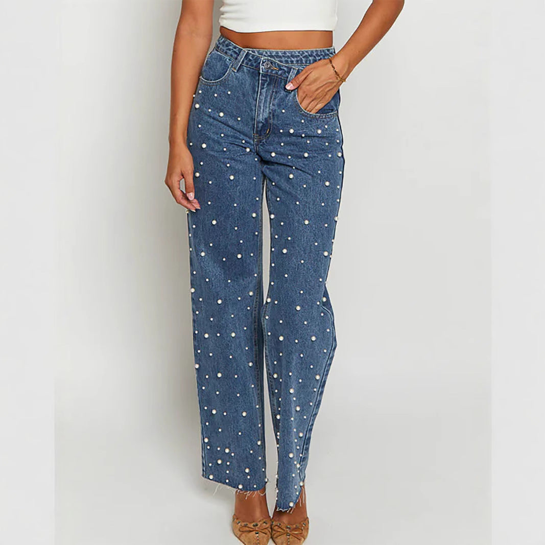 Modieuze Rechte Jeans voor Dames met Parels en Waterwas
