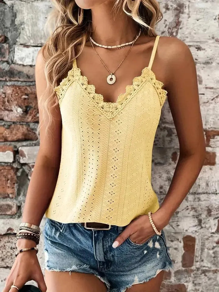 Mouwloze Blouse met V-Hals en Borduursel en Verstelbare Bandjes