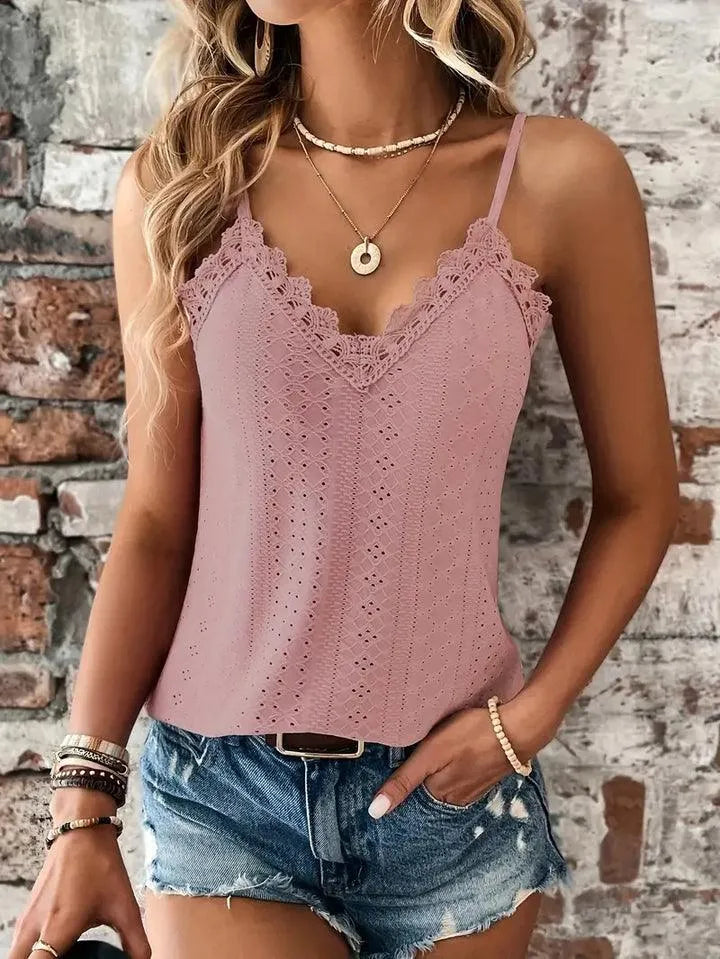 Mouwloze Blouse met V-Hals en Borduursel en Verstelbare Bandjes
