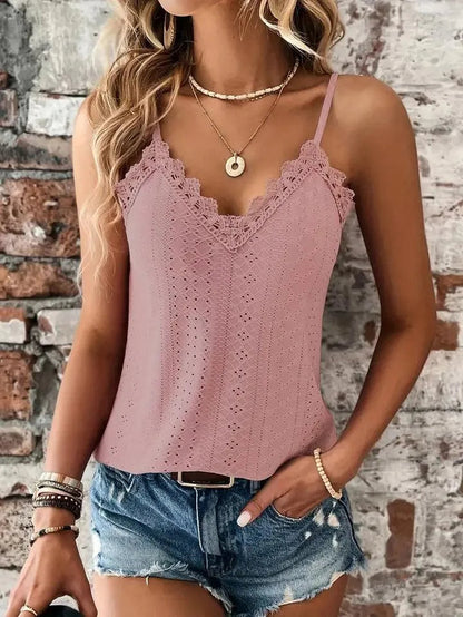 Mouwloze Blouse met V-Hals en Borduursel en Verstelbare Bandjes