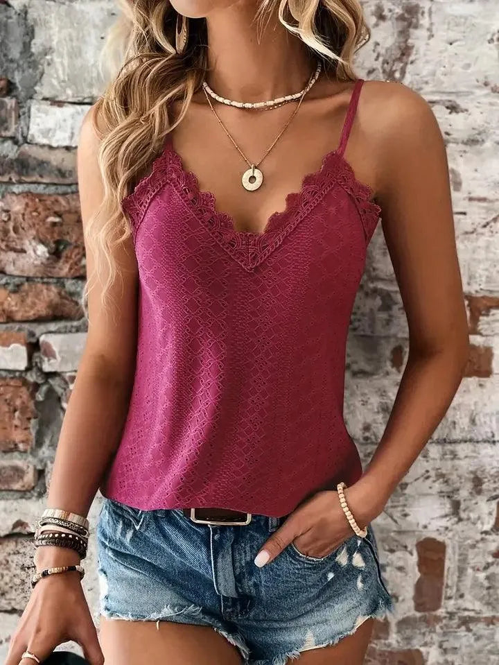 Mouwloze Blouse met V-Hals en Borduursel en Verstelbare Bandjes