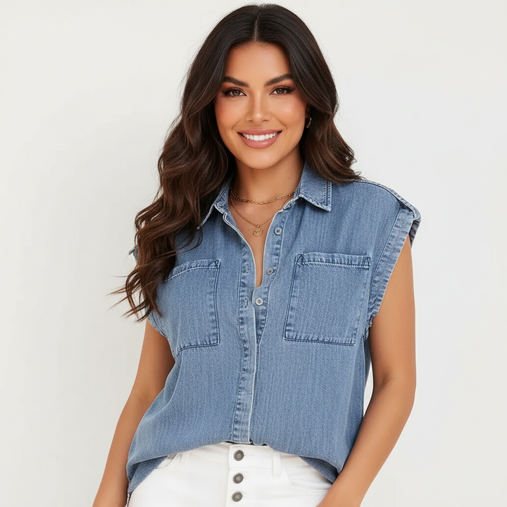 Mouwloze denim blouse met borstzakken – Delphine