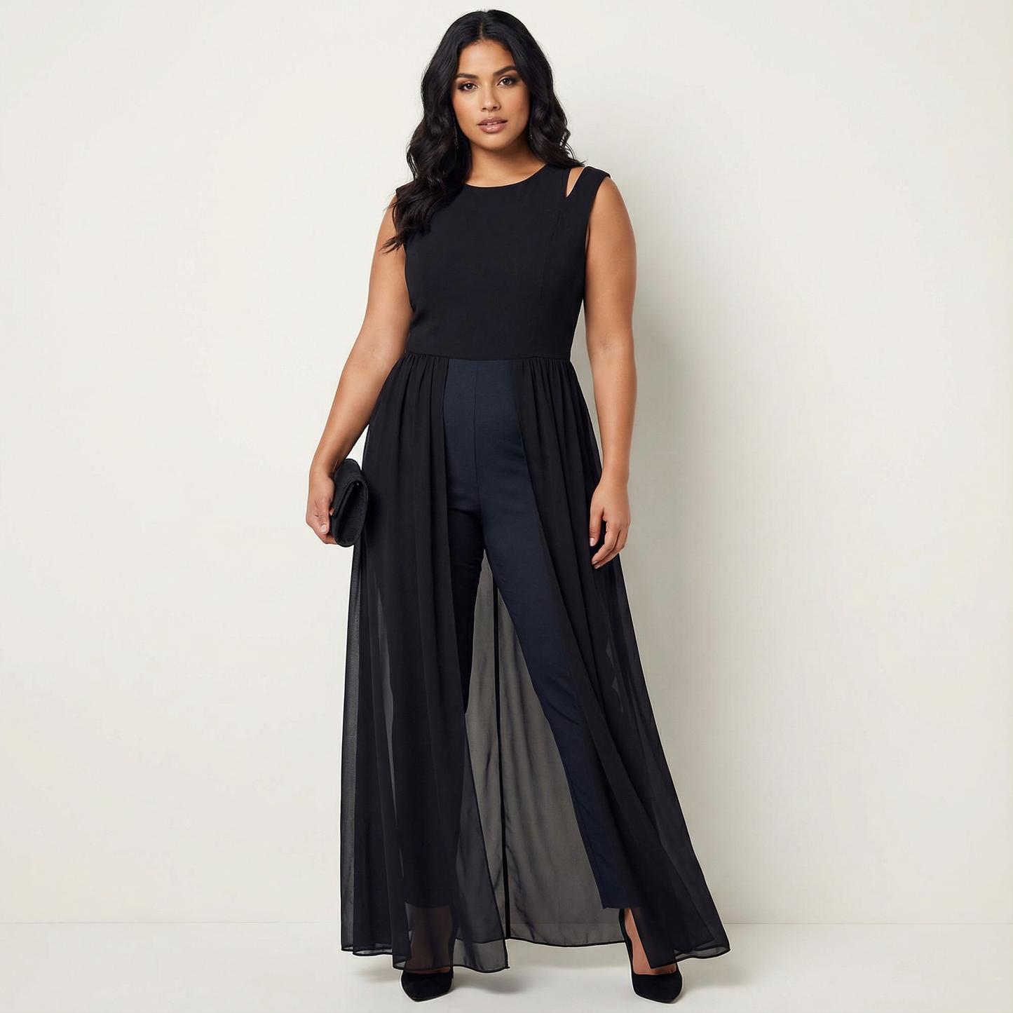 Mouwloze elegante jumpsuit met wijde pijpen en flowy overlay