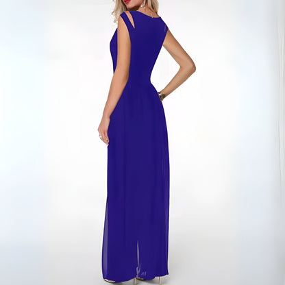 Mouwloze elegante jumpsuit met wijde pijpen en flowy overlay