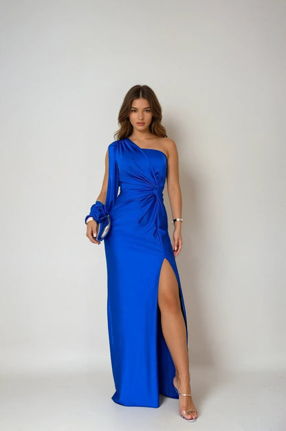 One shoulder satijnen maxi avondjurk dames