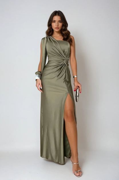 One shoulder satijnen maxi avondjurk dames