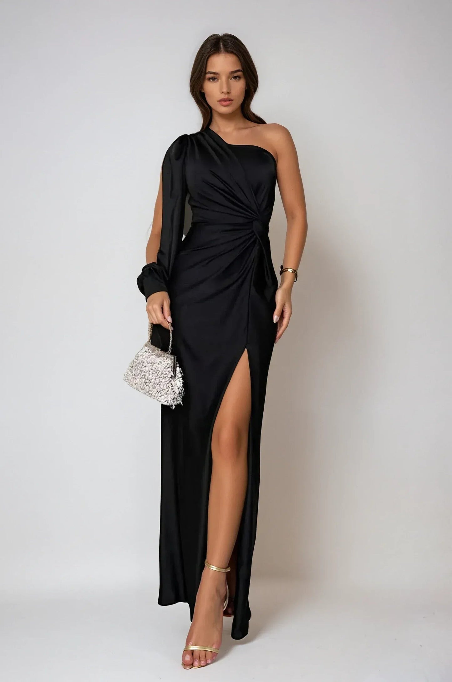 One shoulder satijnen maxi avondjurk dames