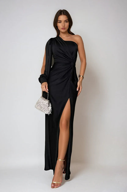 One shoulder satijnen maxi avondjurk dames