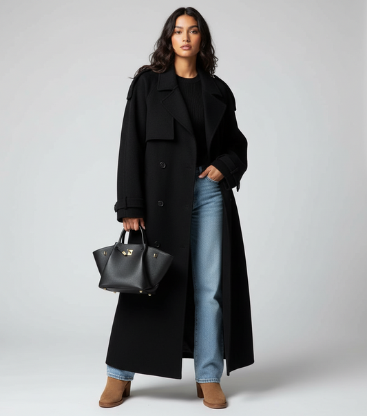 Oversized lange dames wintermantel met ceintuur
